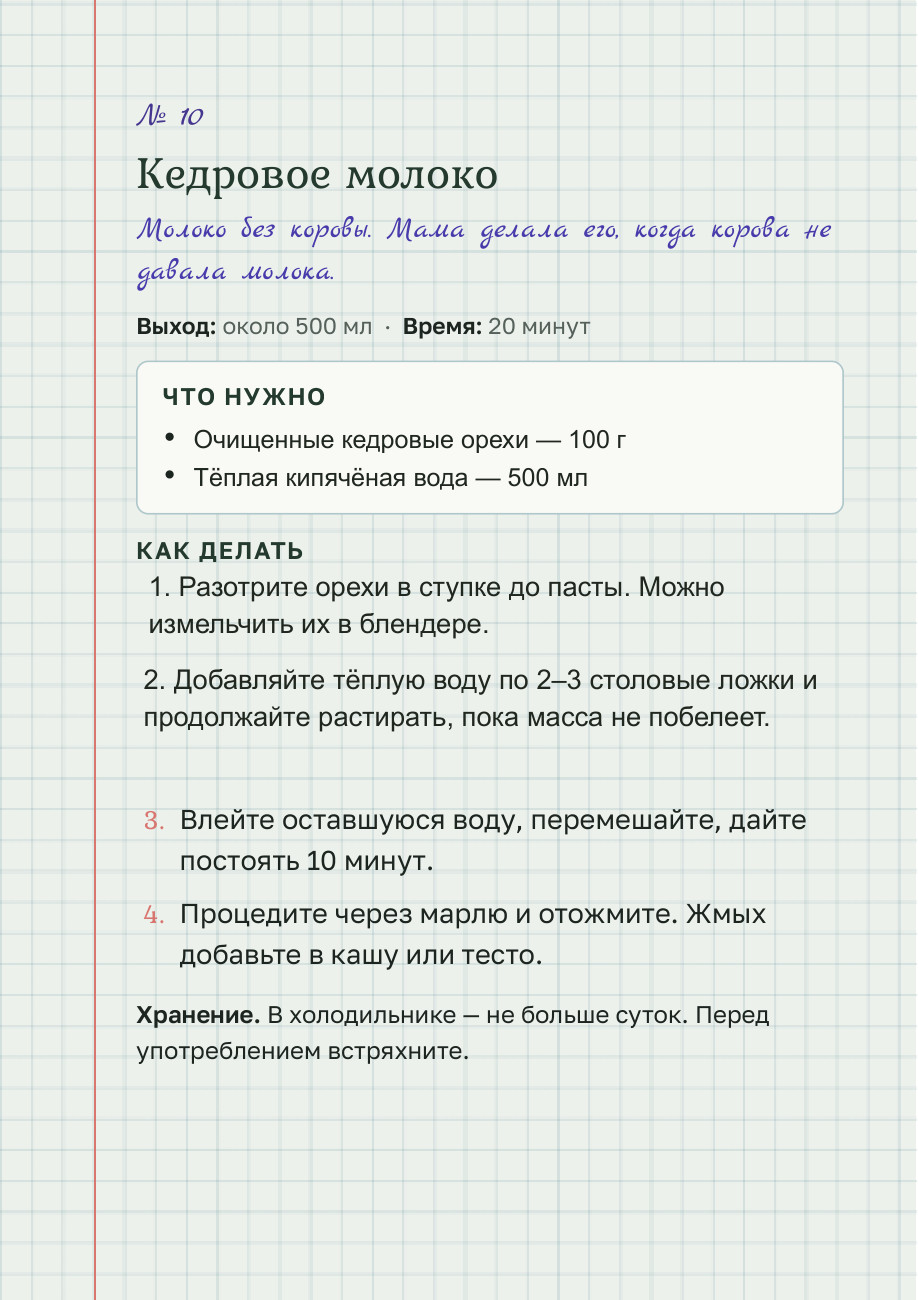 Страница тетради: рецепт кедрового молока, ингредиенты и шаги приготовления